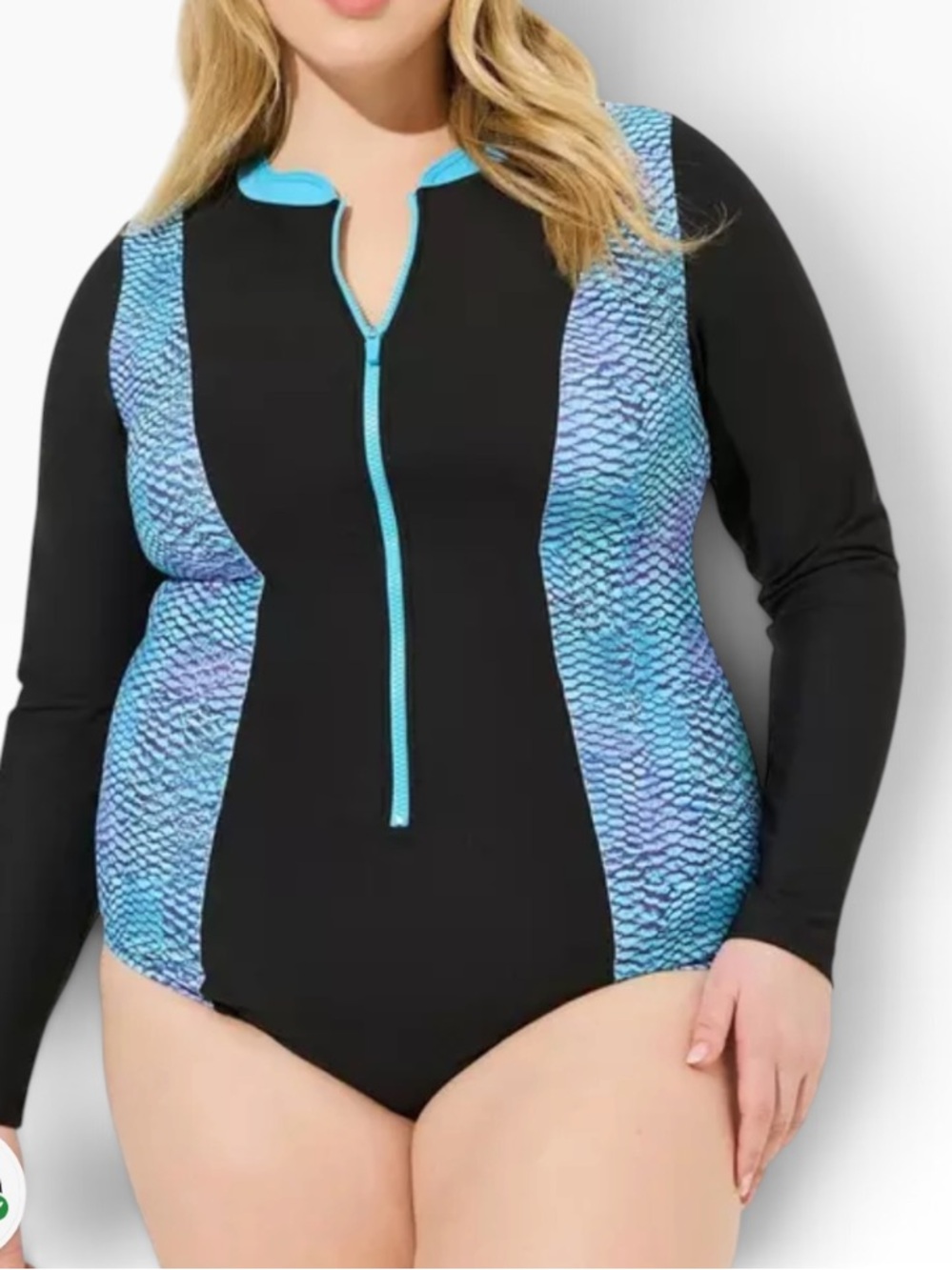 torrid "Siren Scales" Wireless Long Sleeve Black/Blue Zip-Front Swim Suit 4X